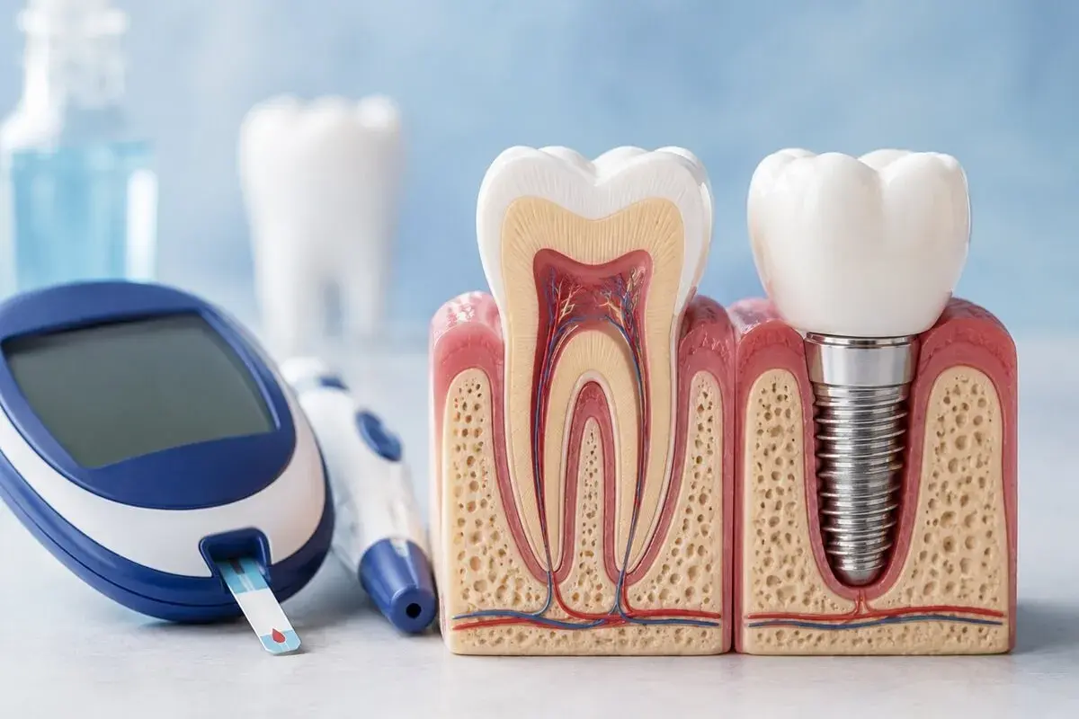 Glukometr i modele zębów, w tym implant, symbolizują troskę o higienę jamy ustnej przy cukrzycy insulinoniezależnej.