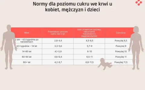 Tabela norm poziomu cukru po jedzeniu dla różnych grup wiekowych.