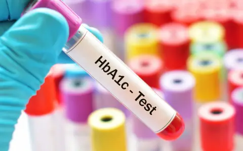 Ręka w niebieskiej rękawiczce trzyma probówkę z napisem "HbA1c - Test". W tle kolorowe probówki. Sprawdź, jaka jest hemoglobina glikowana cena.
