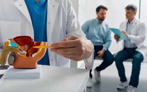 Lekarz omawia z pacjentem model układu moczowo-płciowego, wskazując na obszar prostaty. Rozmowa dotyczy potencjalnych objawów raka prostaty.