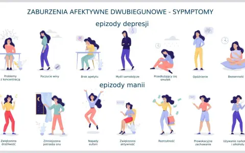 Ilustracja pokazuje objawy choroby afektywnej dwubiegunowej: epizody depresji (problemy z koncentracją, poczucie winy, brak apetytu, myśli samobójcze, smutek, opóźnienie, bezsenność) i epizody manii (drażliwość, euforia, rozrzutność, prowokacyjne zacho...