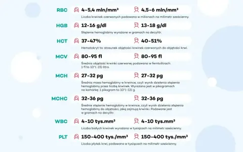 RBC, HGB, HCT, MCV, MCH, MCHC, WBC, PLT – to parametry morfologii krwi. Tabela pokazuje normy dla każdego z nich.