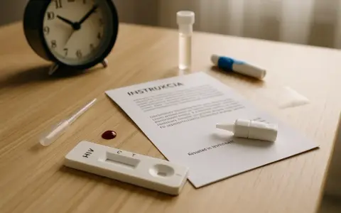 Zestaw do testu HIV, kropla krwi i instrukcja. Wczesne wykrycie objawów u mężczyzn jest kluczowe.