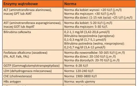 Tabela z normami badań wątrobowych: ALT, AST, bilirubina, GGTP, LDH, ChE, HBs, HCV. Wyniki inr badanie.
