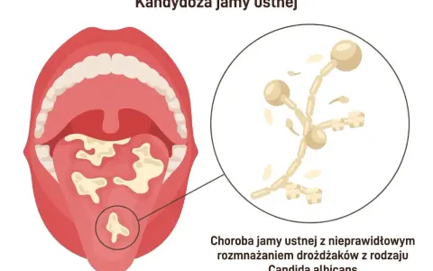 Kandydoza jamy ustnej: białe naloty na języku i podniebieniu, powiększone drożdżaki Candida. Objawy mogą być niepokojące.